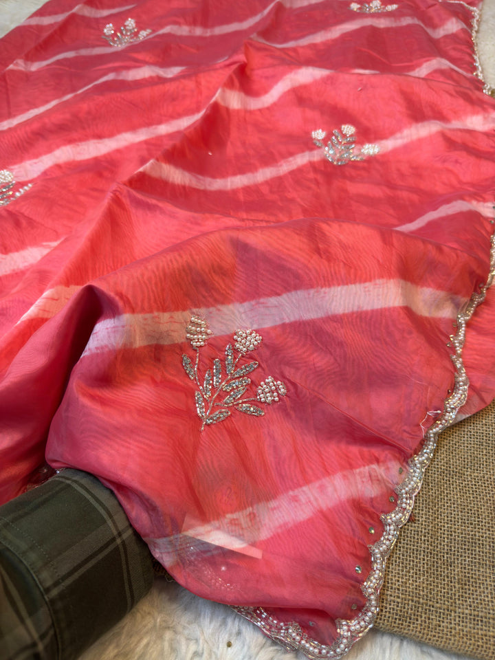 Elegant Paper Silk Saree with Pearl Border & Floral Handwork