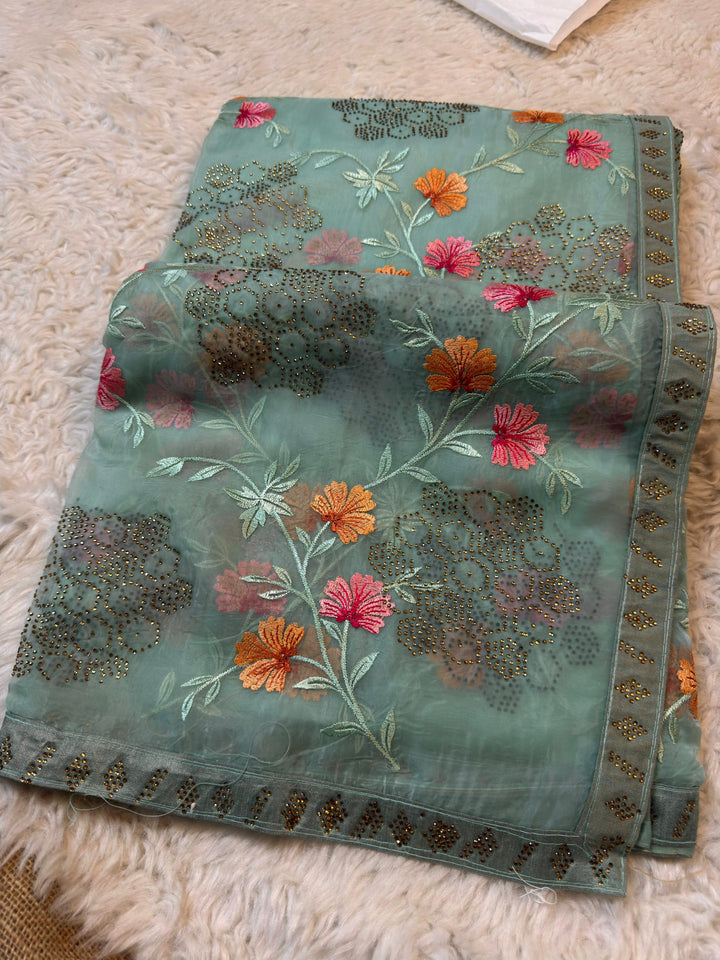 Elegant Glass Tissue Saree with Embroidered Floral Design
