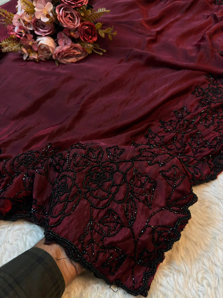 Satin Silk Saree with Intricate Black Bead & Floral Embroidery