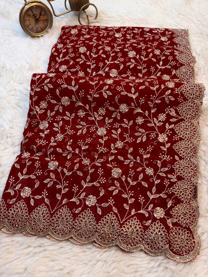 Luxury Kashmiri Embroidered Georgette Saree with Scalloped Border