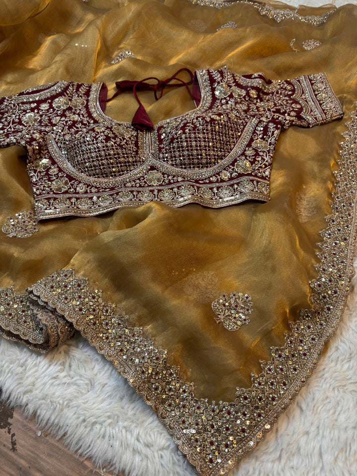 Premium Cosmo Silk Saree with Heavy Hand-Embroidered Border & Designer Stitched Blouse