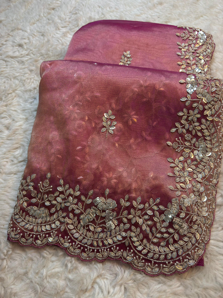 Luxury Rena Tissue Saree with Scalloped Embroidery Border