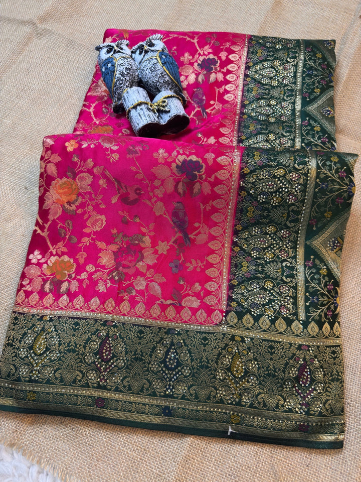 Premium Banarasi Floral Bird Weave Saree with Rich Zari Border