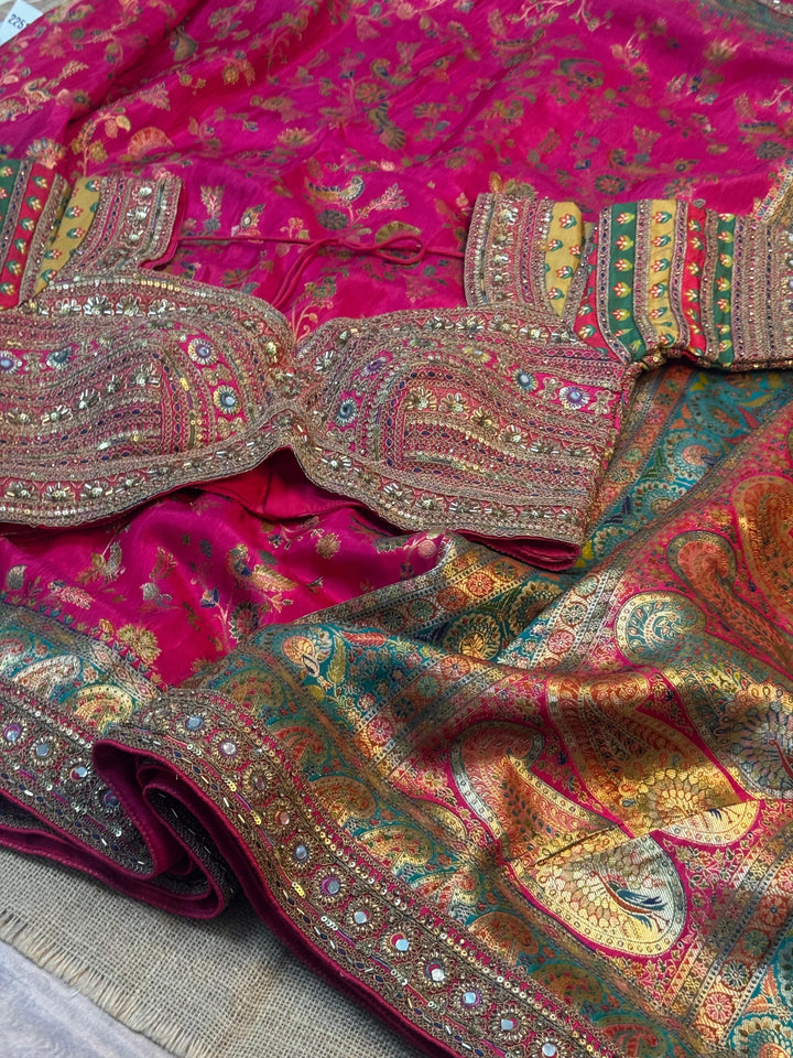 Royal Rani Pink Position Print Saree with Meenakari Border & Heavy Embellished Blouse