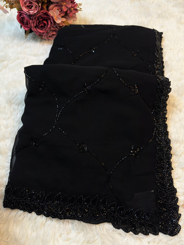 Black Georgette Saree with Heavy Beadwork Scalloped Border & Designer Blouse