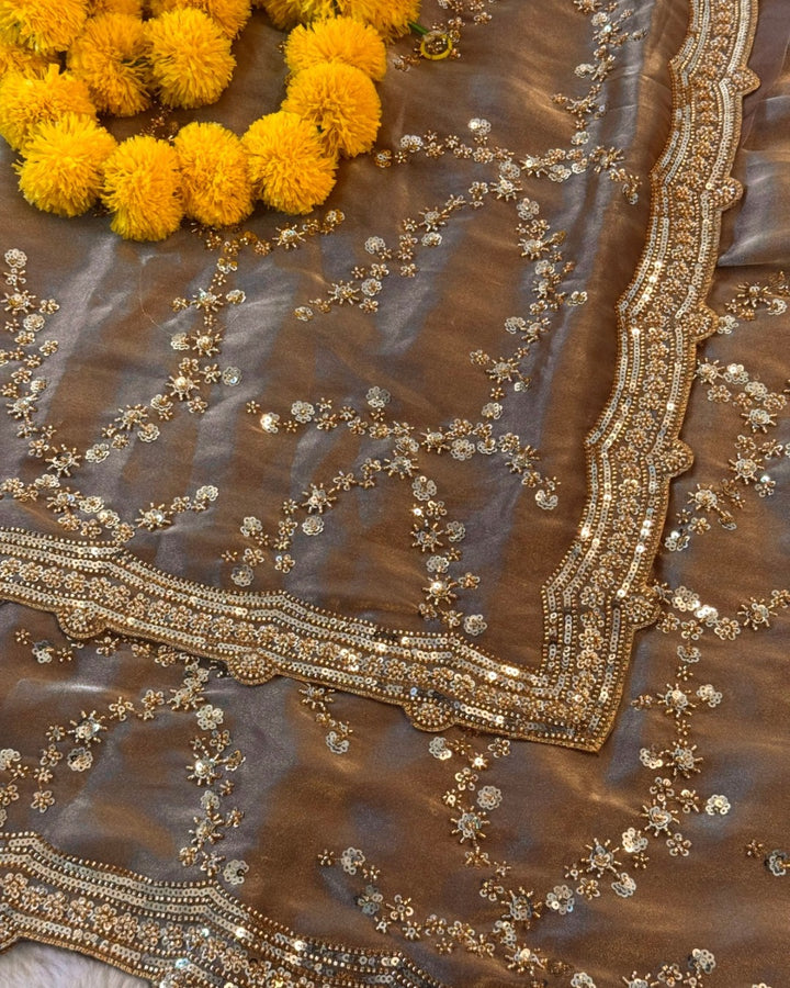Galaxy Sheen Sequin-Floral Saree with Heavy Border | Unstitched Blouse