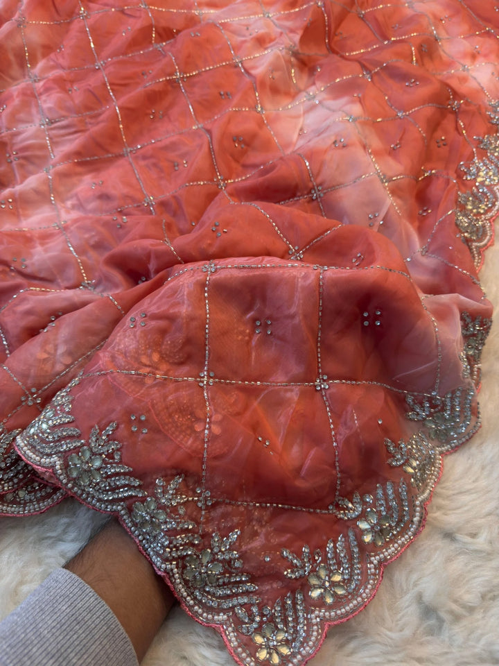 Designer Glass Tissue Saree with Cutdana & Pearl Detailing