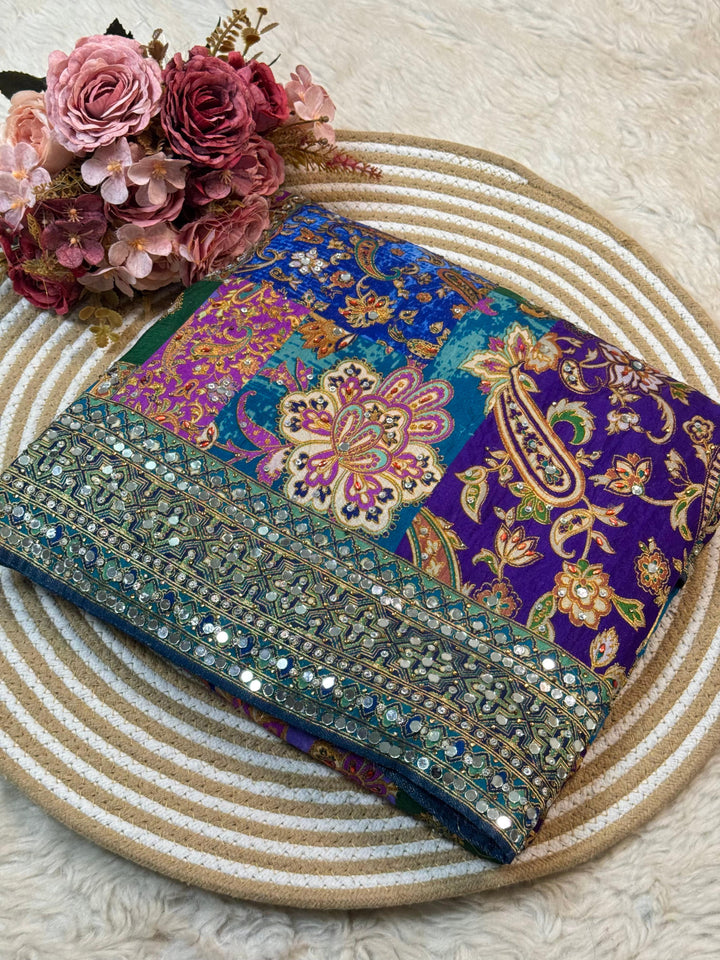 Multicolor Silk Saree with Mirror Work Border & Paisley Floral Print