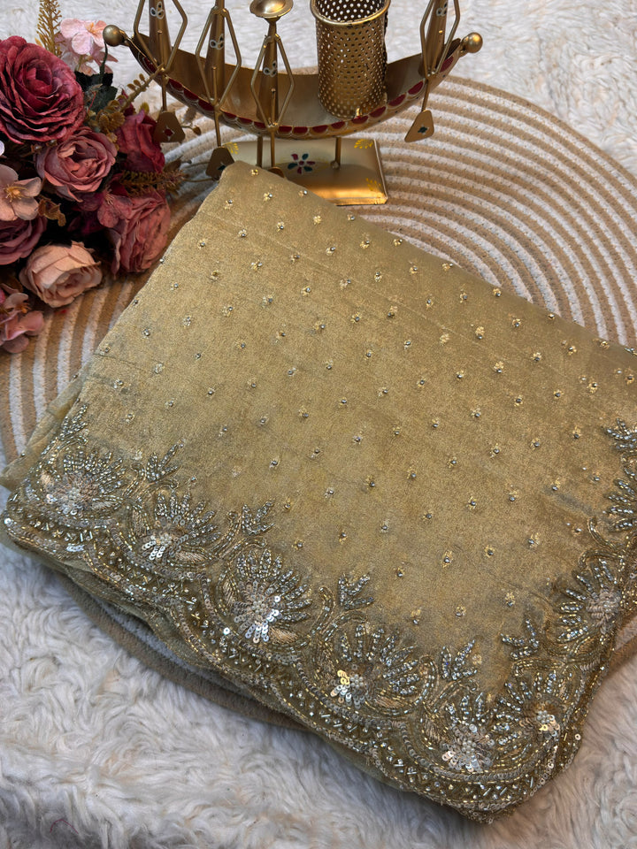 Stone Embellished Sheer Saree with Heavy Floral Embroidered Border