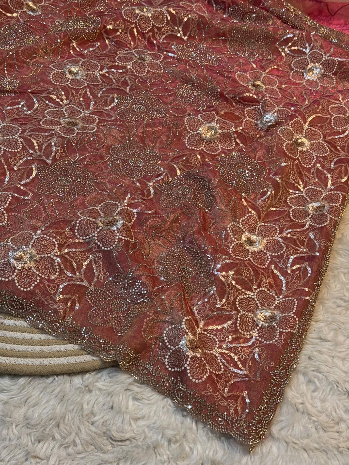 Premium Shimmer Chiffon Saree with Heavy Floral Sequin & Beadwork
