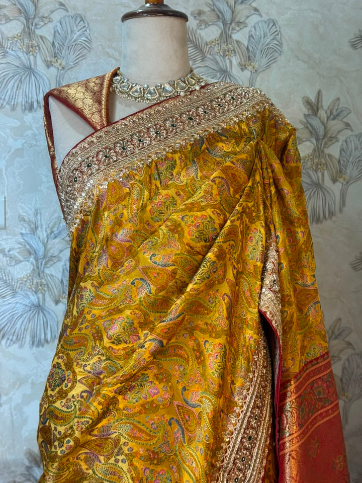 Premium Mustard Silk Saree with Heavy Handwork Border & Rich Zari Pallu