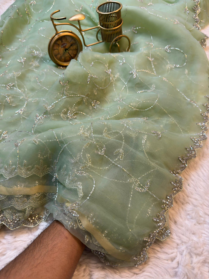 Pastel Mint Tissue Saree with Sequin Vine Work & Designer Scalloped Border