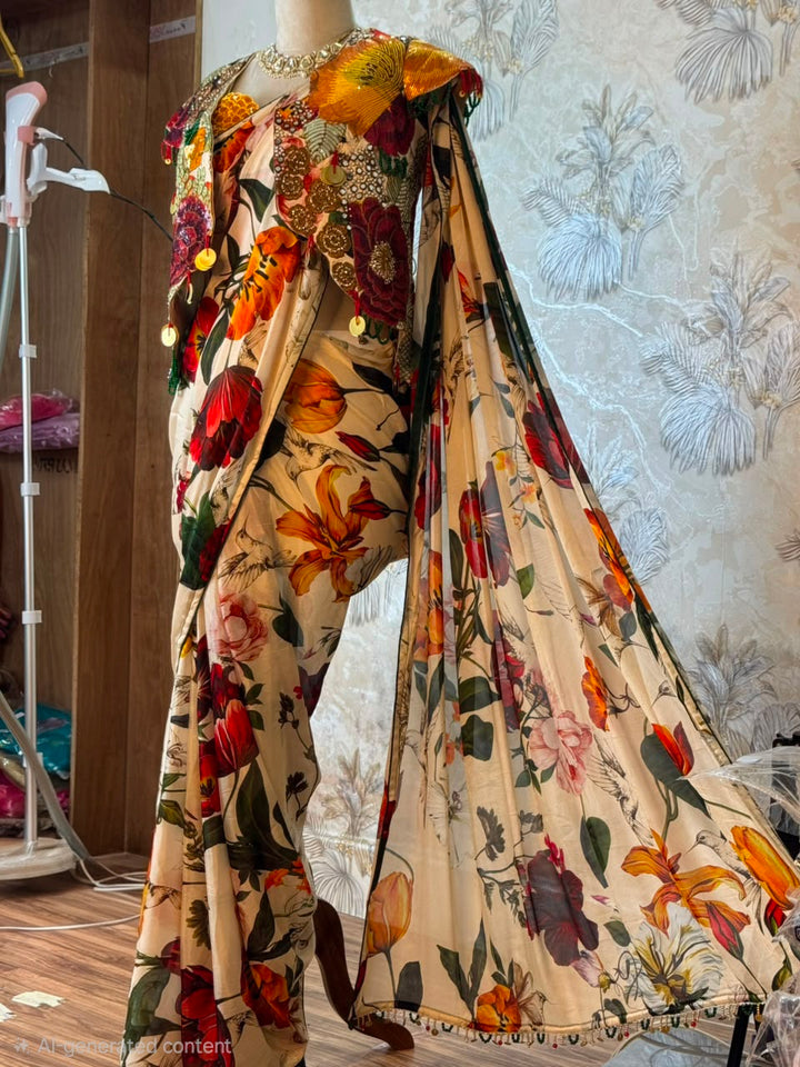 Premium chinon Floral Saree with Hand Embellished Jacket & Corset Blouse – 3 Piece Designer Set