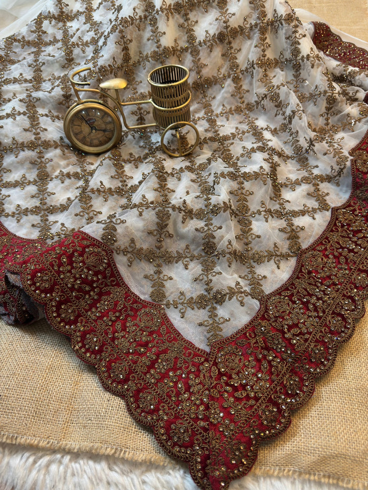 Designer Net Saree with Heavy Embroidered Border & Matching Dupatta