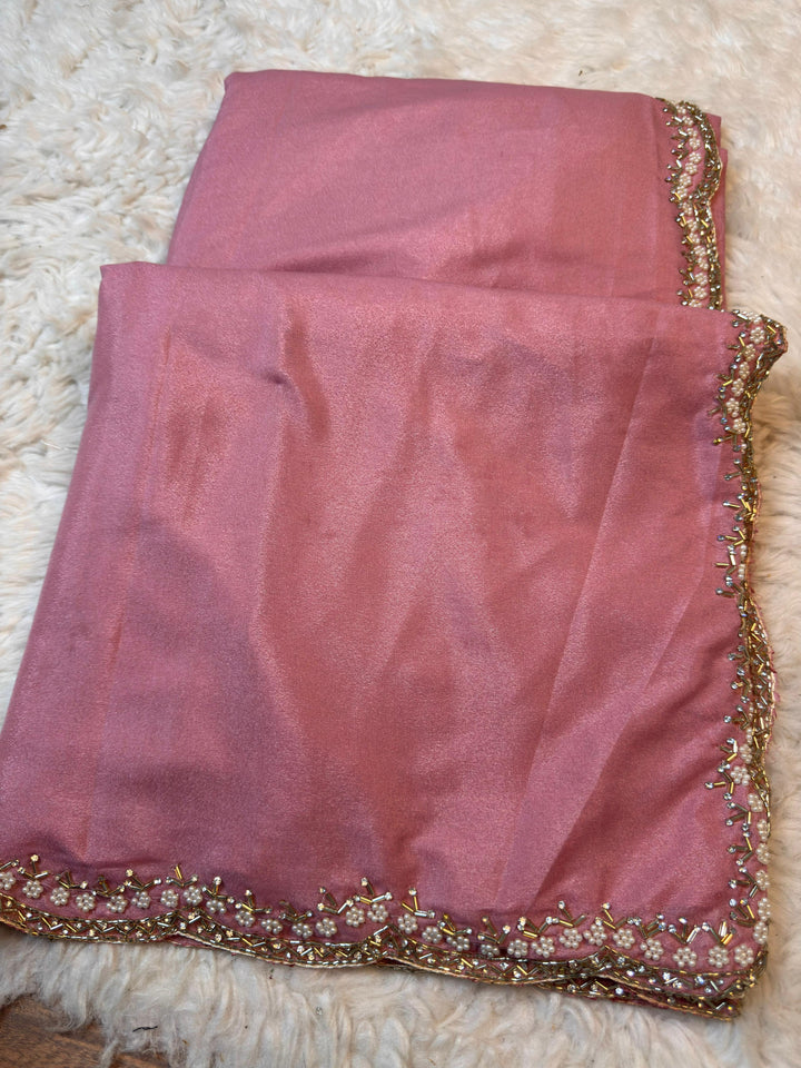 Premium Chocolate Rape Fabric Saree – Scalloped Floral Bead