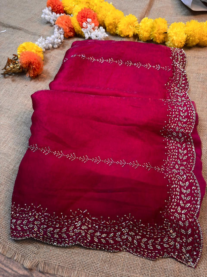 Elegant Fendy Silk Saree with Hand Embellished Border & Scalloped Finish