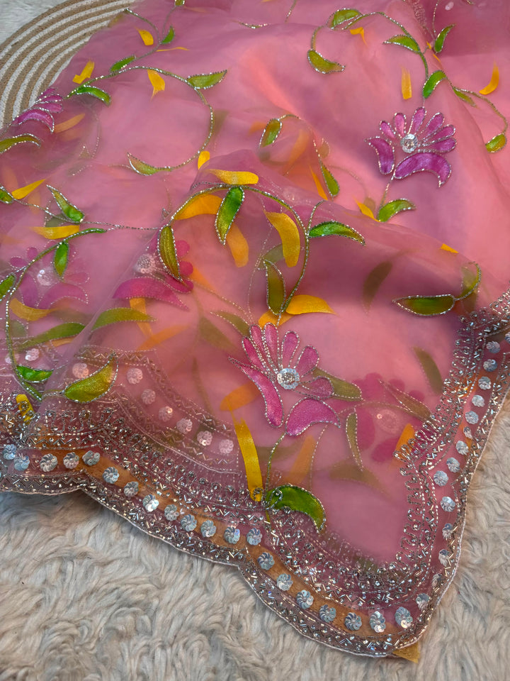 Multicolour Brush Print Glass Tissue Saree with Embellished Border