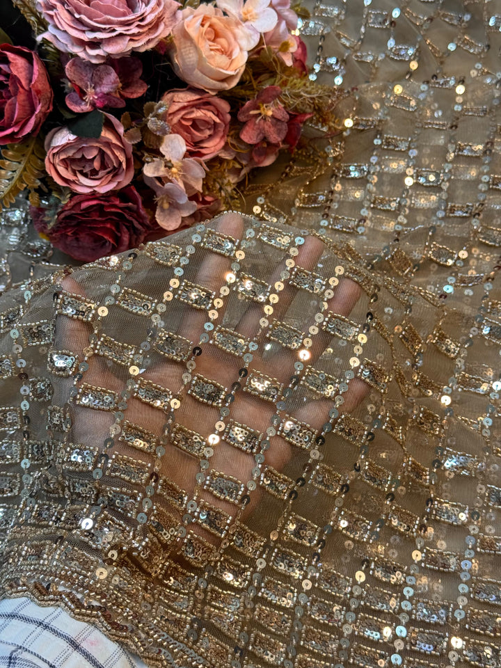 Champagne Gold Heavy Sequin Embroidered Net Saree with Designer Blouse