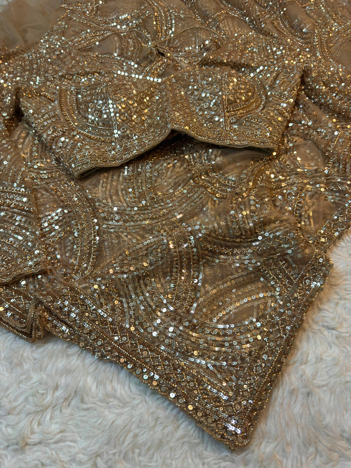 Luxury Gold Sequin Net Saree with Intricate Embroidery