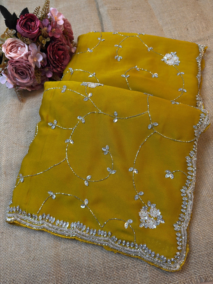 Premium Soft Georgette Saree with Stone & Sequin Vine Embroidery Border