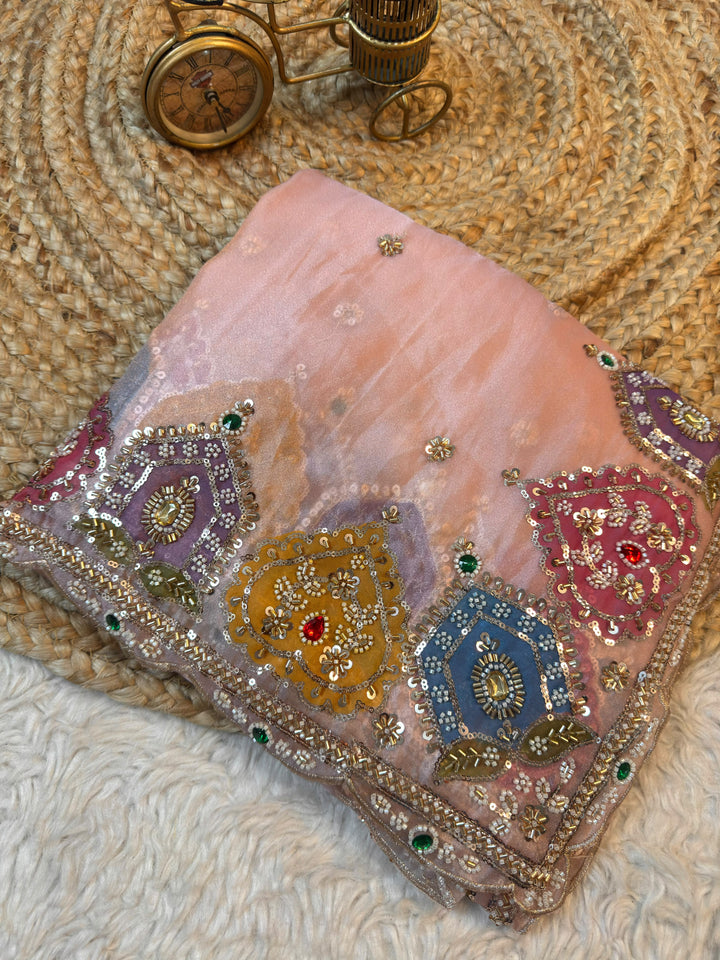 Pastel Glass Tissue Saree with Multicolour Embellished Border