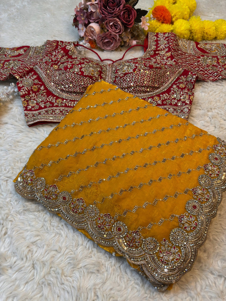 Designer Partywear Saree with Heavy Border & Statement Blouse