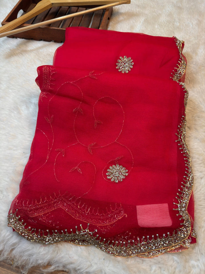 Premium Hand Embroidered Waree Chiffon Saree with Heavy Scalloped Border