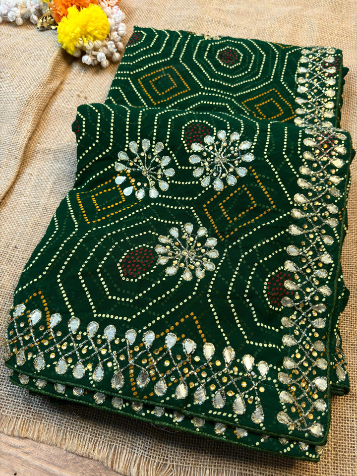 Bottle Green Bandhani Print Saree with Mirror Work Border & Floral Embellishments