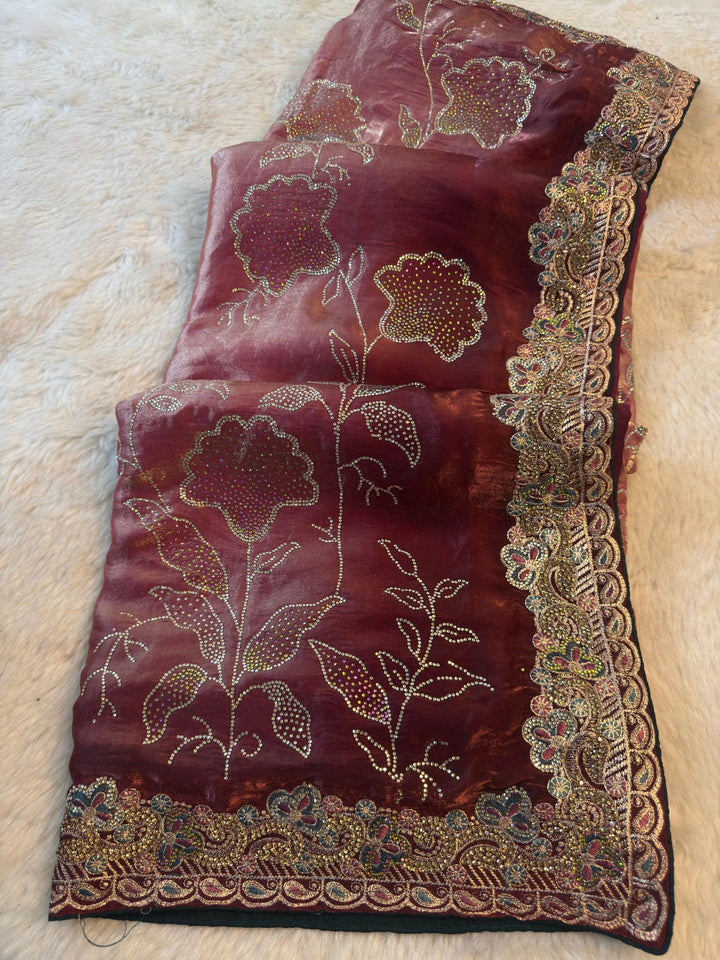 Premium Satin Saree with Swarovski Floral Work & Heavy Designer Border