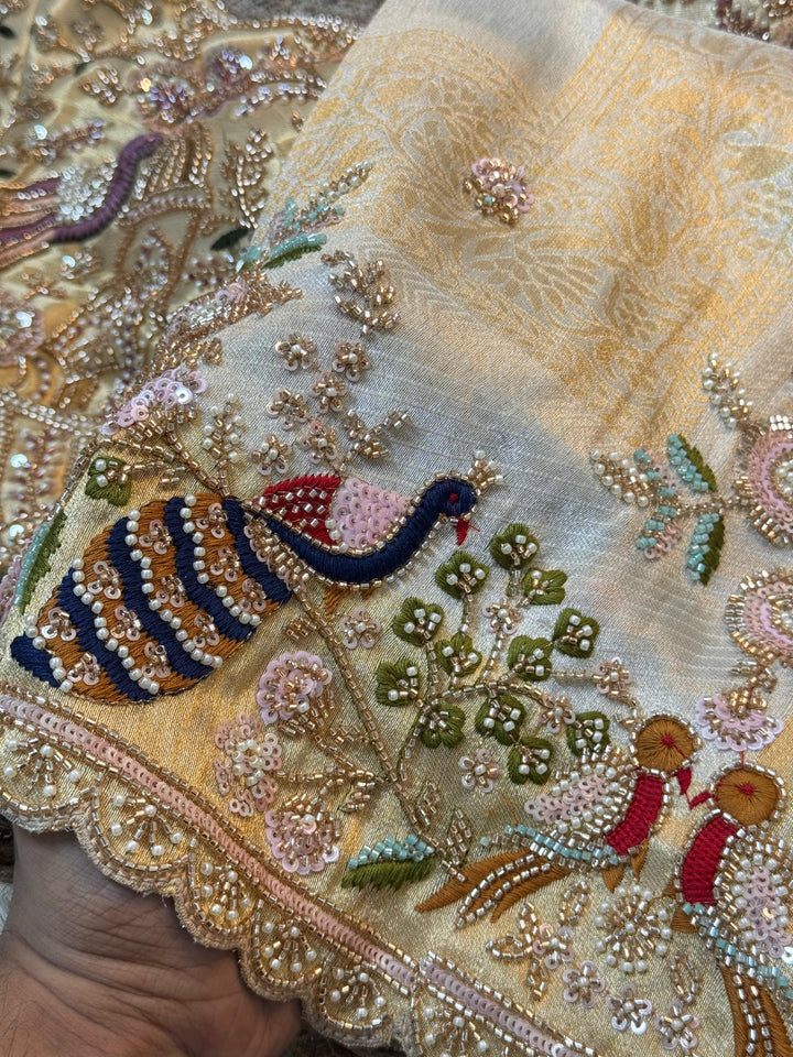 Premium Ivory Gold Saree with Peacock & Floral Embroidery