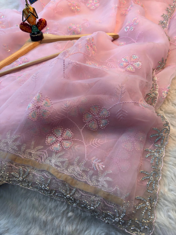 Premium Glass Tissue Saree with Pastel Floral Embroidery