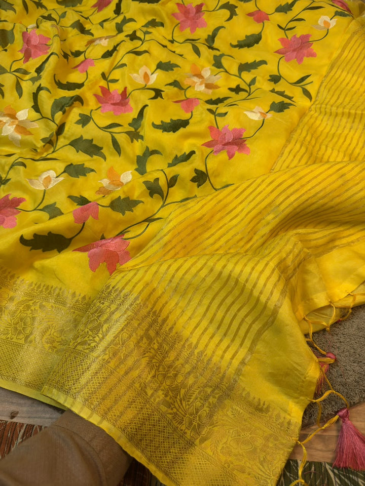 Floral Embroidered Chinon Saree with Zari Striped Pallu & Tassels