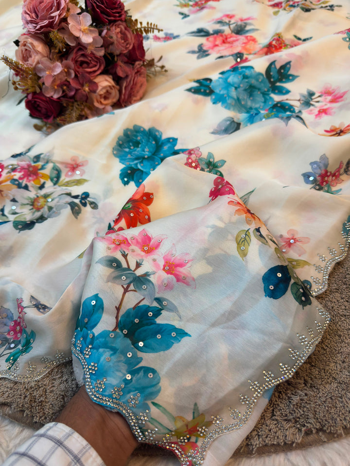 Elegant Floral Printed Saree with  Jarkan Work Border