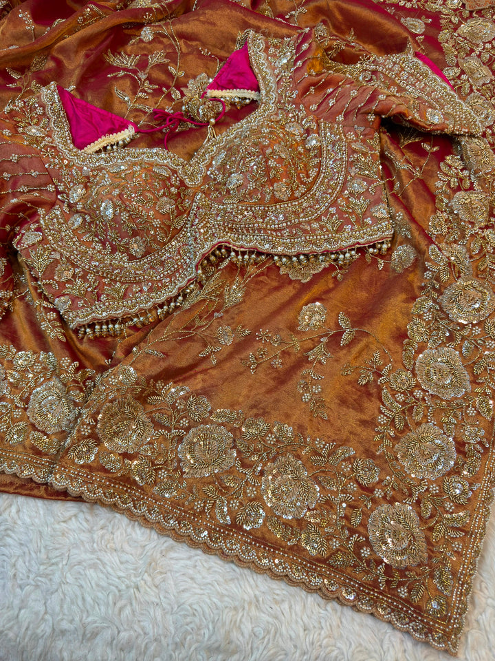 Heavy Dabka & Zari Embroidered Kanjivaram Silk Saree with Designer Blouse