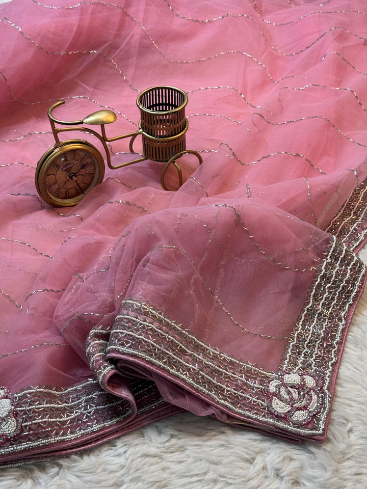 Blush Pink Net Saree with Cutdana Handwork & Designer Border
