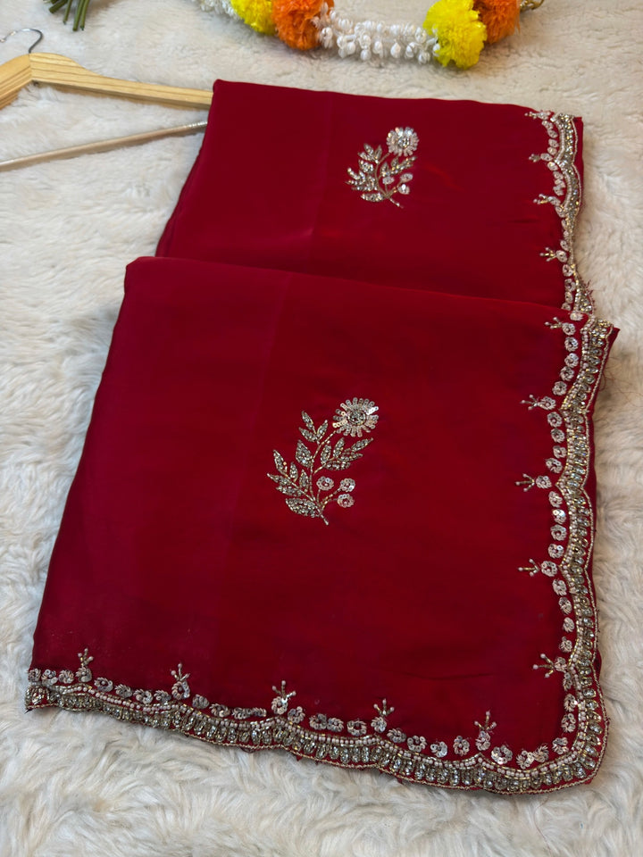 Elegant Satin Silk Saree with Heavy Handwork Border & Floral Butti