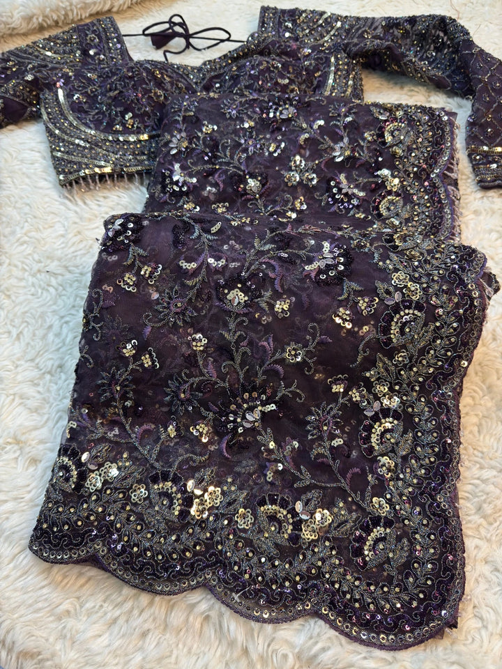 Luxury Net Saree with Heavy Border & Designer Stitched Blouse