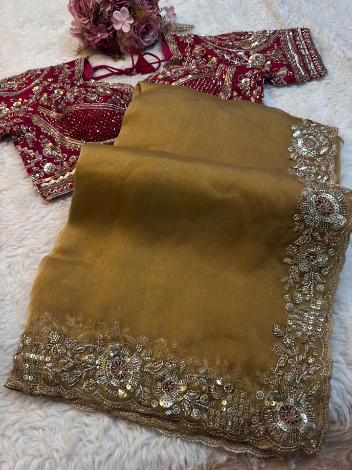 Luxury Sufi Silk Saree with Heavy Embroidered Border & Stitched Designer Blouse