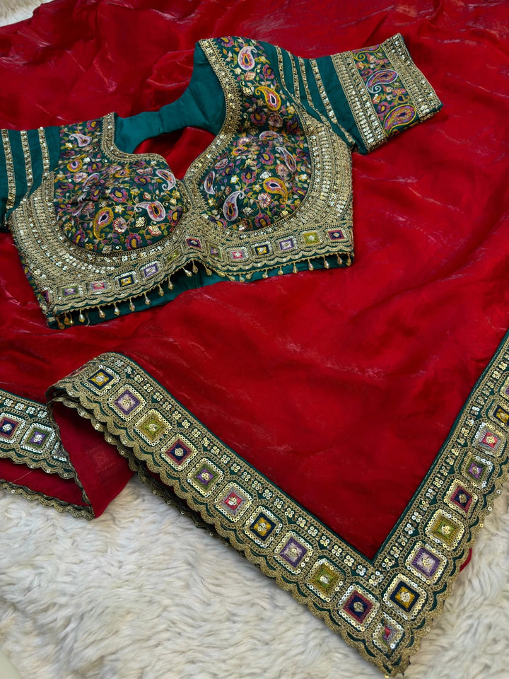 Premium Party Wear Saree with Multicolor Handwork Blouse