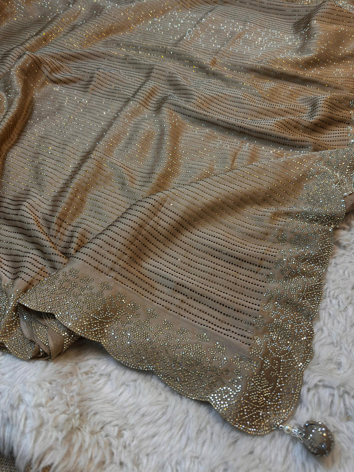 Luxury Imported Fabric Saree with Swarovski Work & Scalloped Border