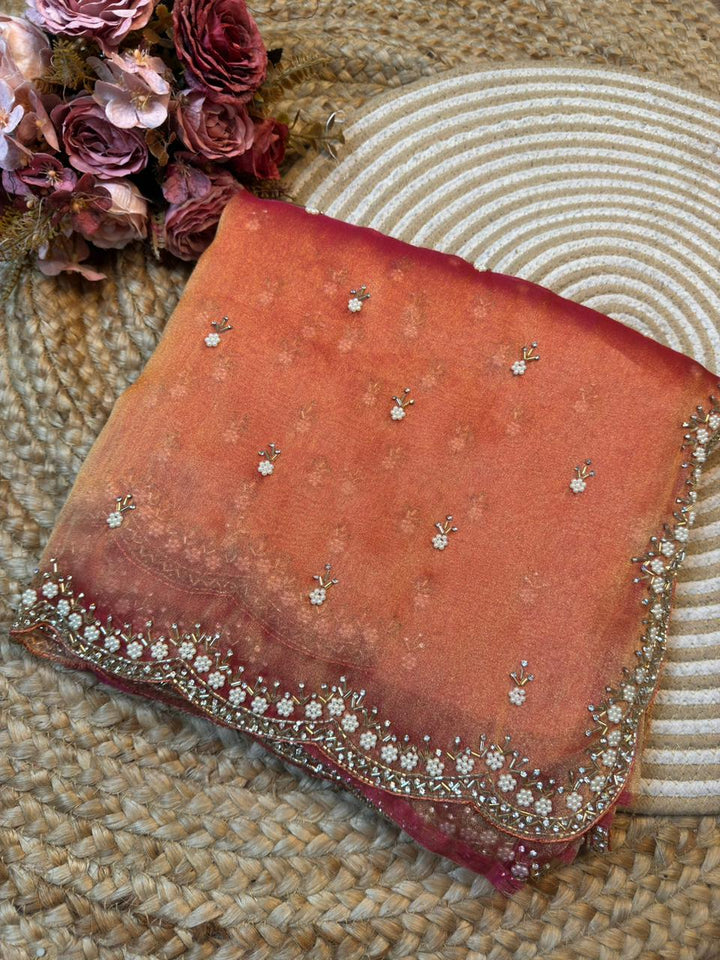 Zari Silk Saree with Pearl & Pipe Work