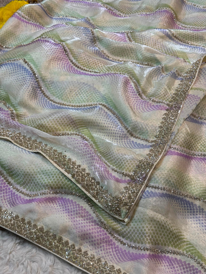 Pastel Wave Print Satin Silk Saree with Crystal Border Work