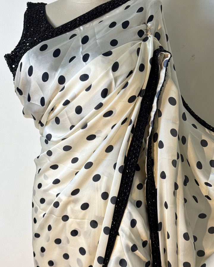 🖤 White Satin Polka Dot Saree with Heavy readymade Black Sequin Blouse